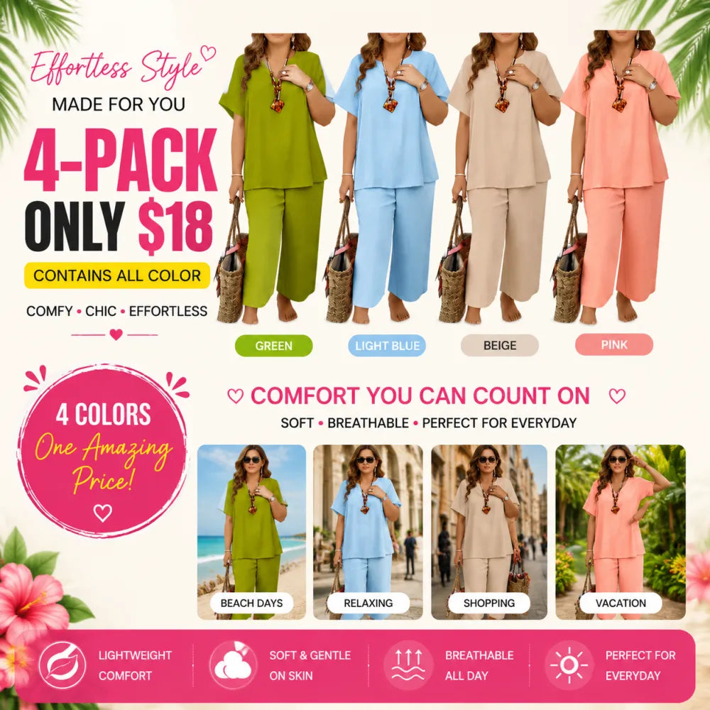 Women's Solid Short Sleeve Top & Loose Wide Leg Pants 2-Piece Set