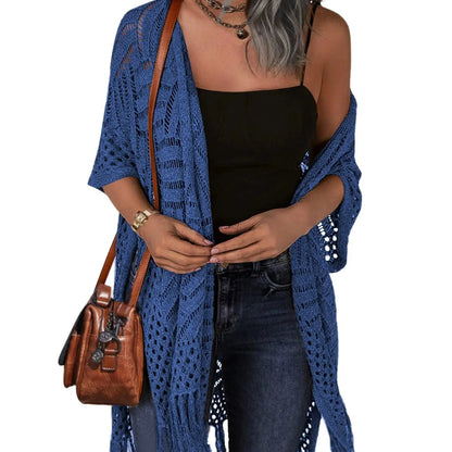 Women’s Oversized Knit Cardigan – Lightweight Crochet Tassel Kimono