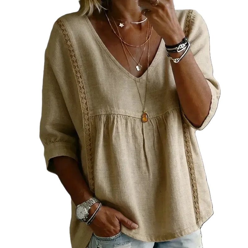 Women's Chic V-Neck Puff Sleeves Lace Blouse