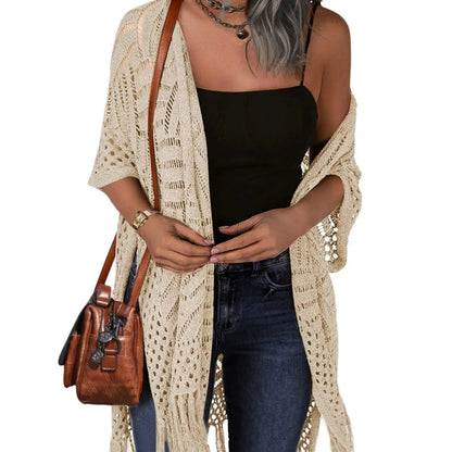 Women’s Oversized Knit Cardigan – Lightweight Crochet Tassel Kimono