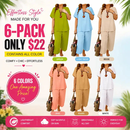 Women's Solid Short Sleeve Top & Loose Wide Leg Pants 2-Piece Set
