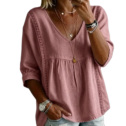 Women's Chic V-Neck Puff Sleeves Lace Blouse
