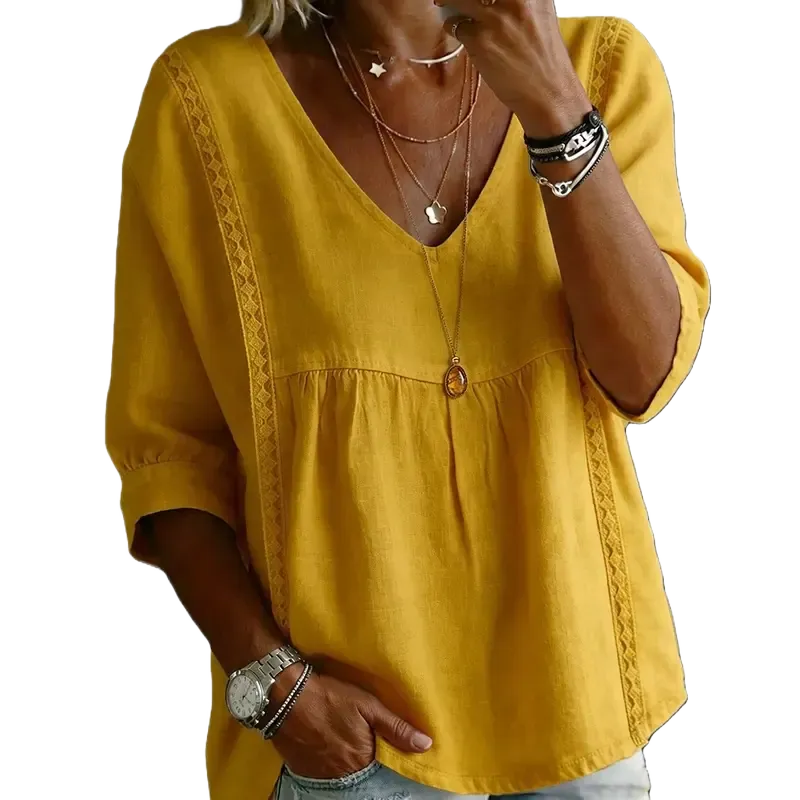 Women's Chic V-Neck Puff Sleeves Lace Blouse