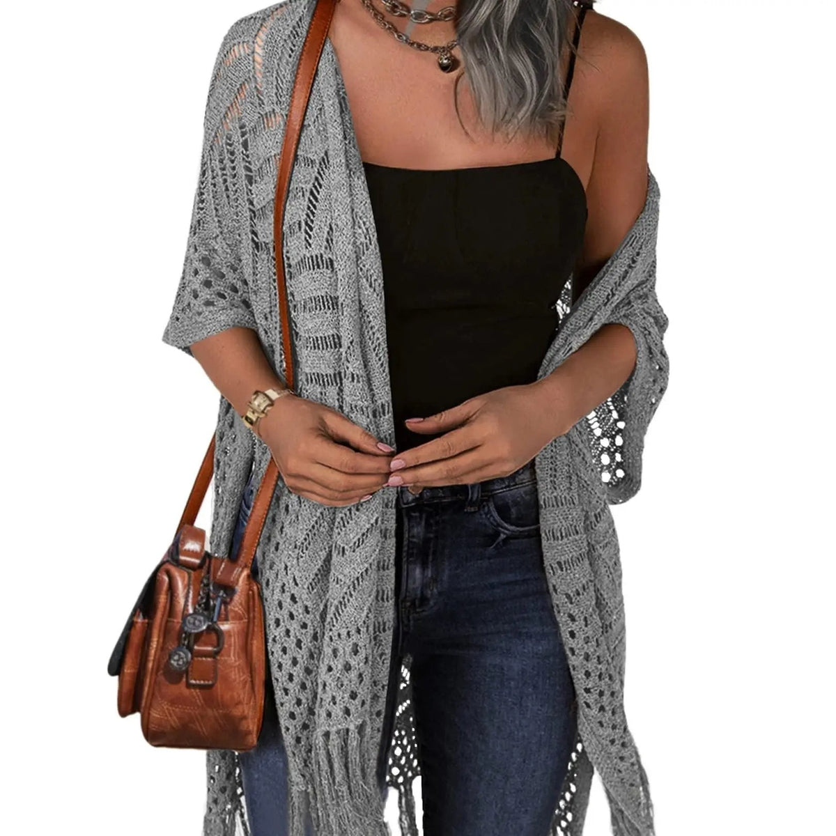 Women’s Oversized Knit Cardigan – Lightweight Crochet Tassel Kimono