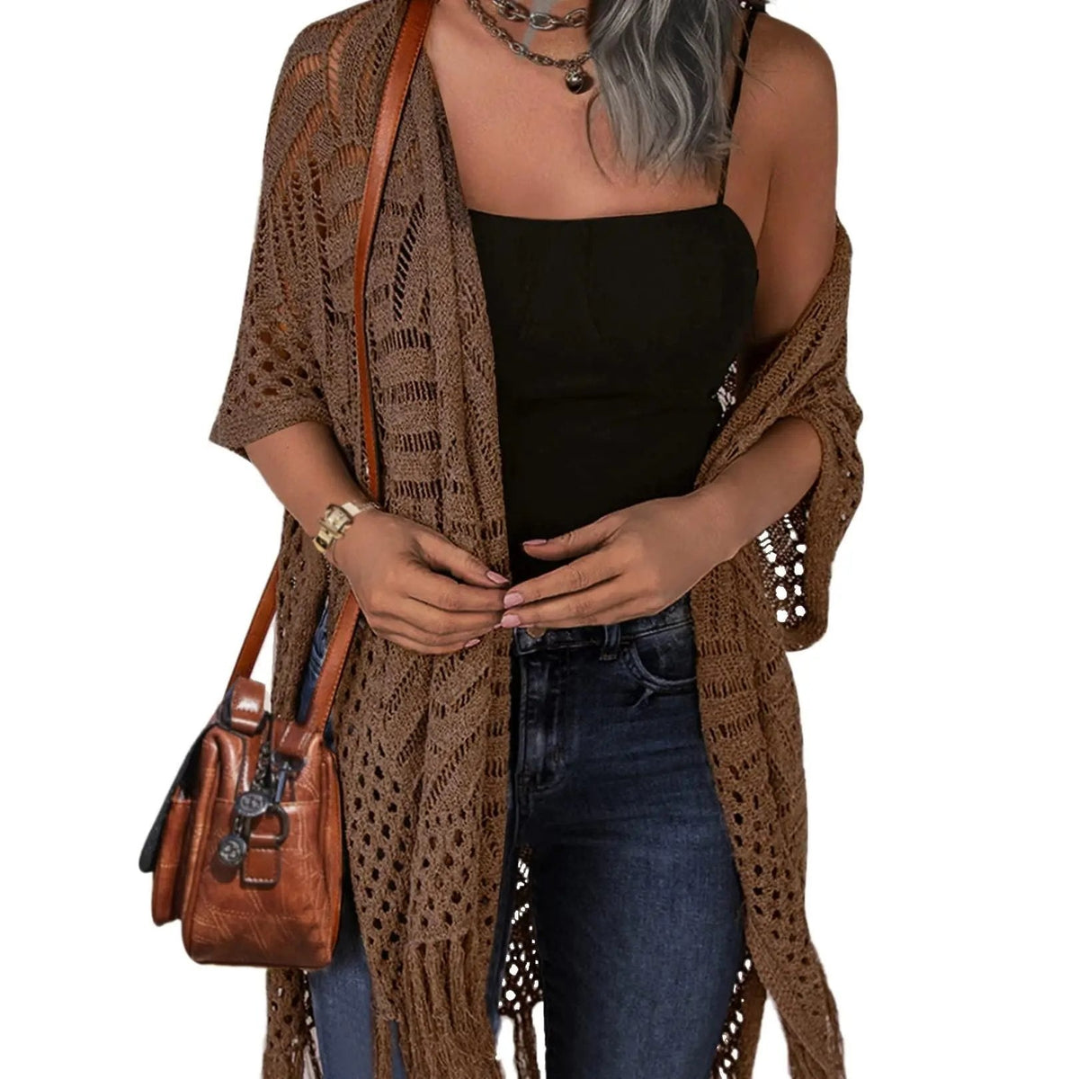 Women’s Oversized Knit Cardigan – Lightweight Crochet Tassel Kimono