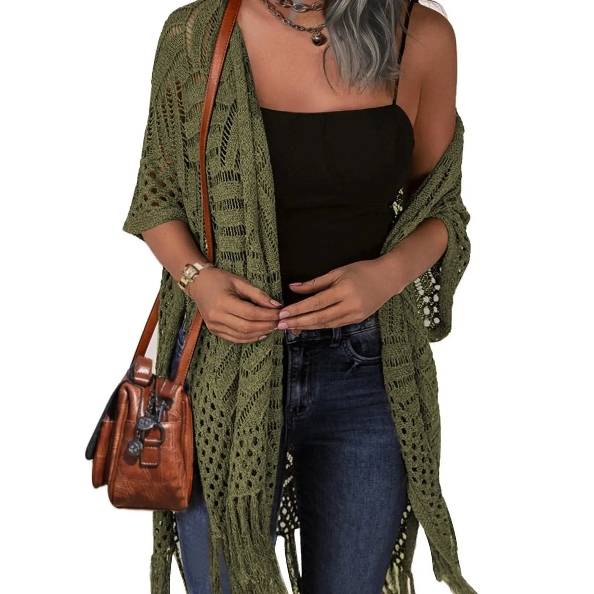 Women’s Oversized Knit Cardigan – Lightweight Crochet Tassel Kimono