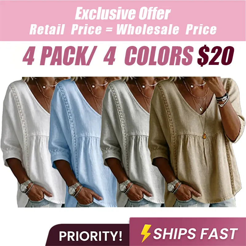 Women's Chic V-Neck Puff Sleeves Lace Blouse