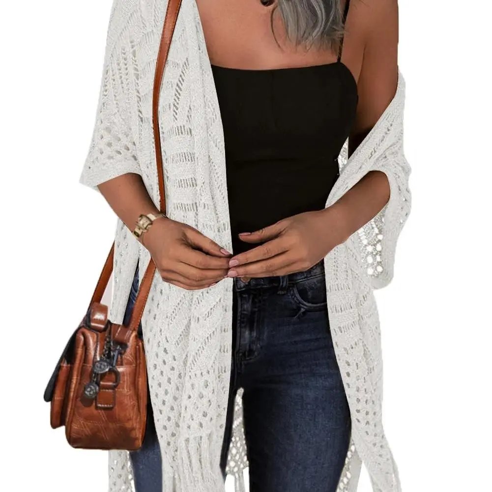 Women’s Oversized Knit Cardigan – Lightweight Crochet Tassel Kimono