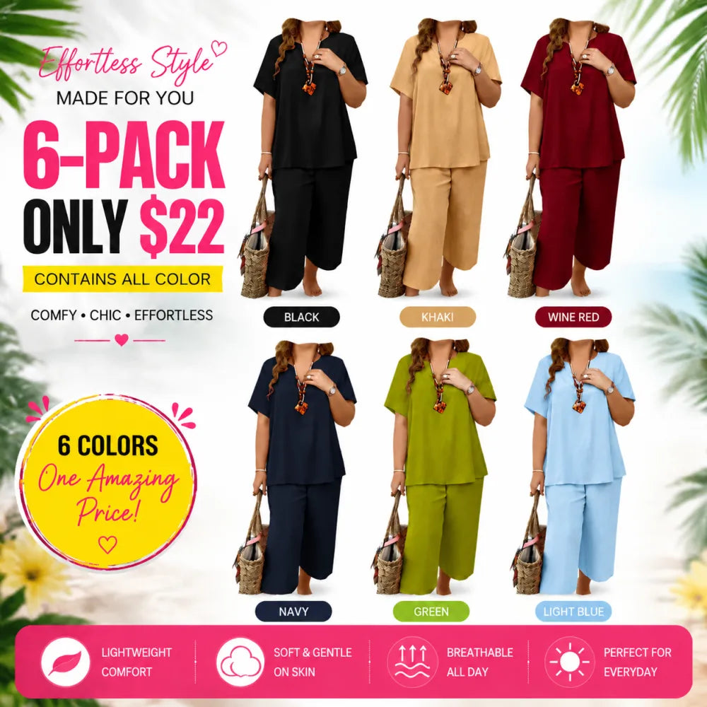 Women's Solid Short Sleeve Top & Loose Wide Leg Pants 2-Piece Set