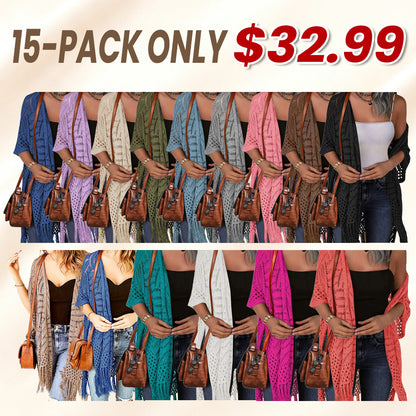 Women’s Oversized Knit Cardigan – Lightweight Crochet Tassel Kimono