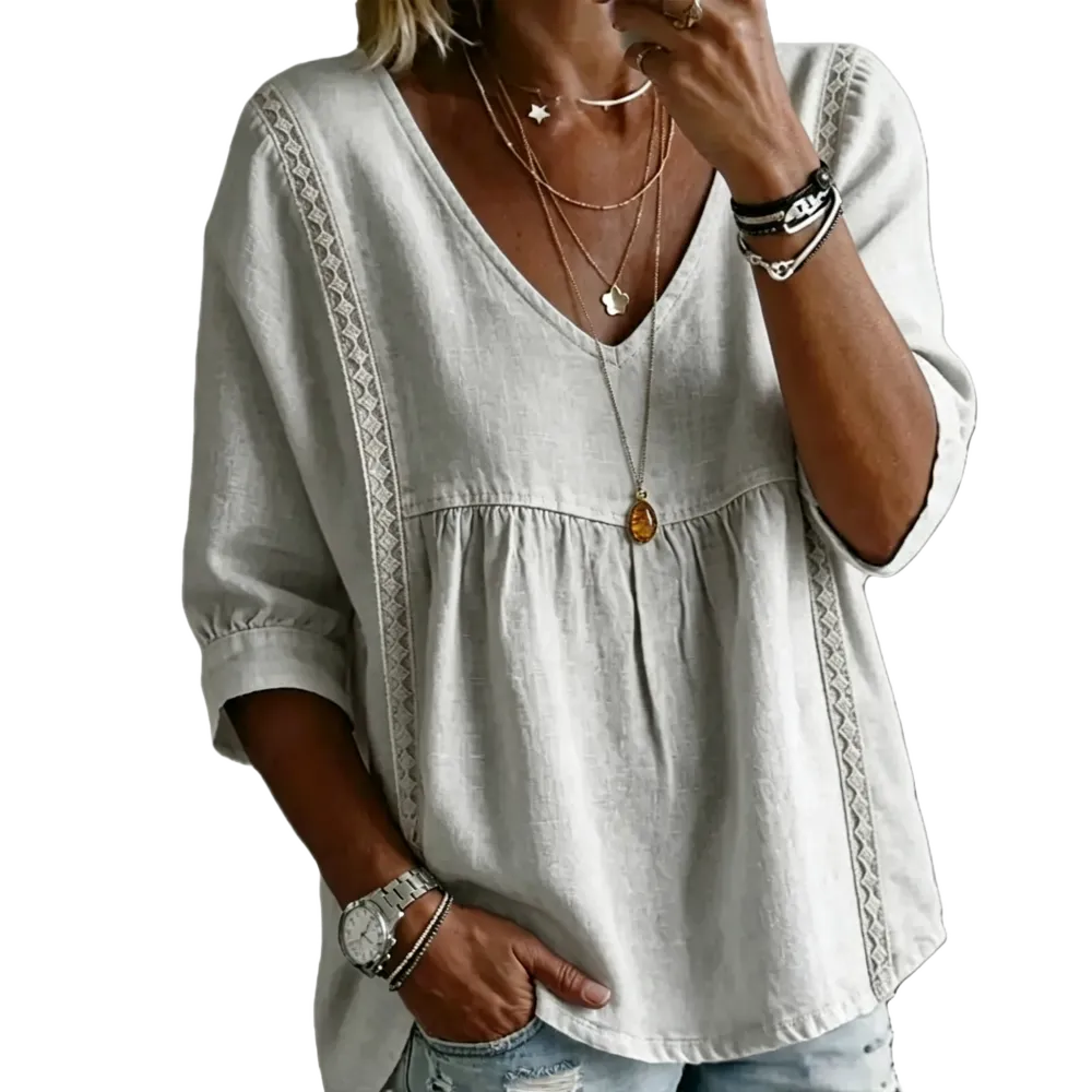 Women's Chic V-Neck Puff Sleeves Lace Blouse