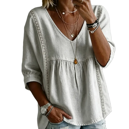 Women's Chic V-Neck Puff Sleeves Lace Blouse