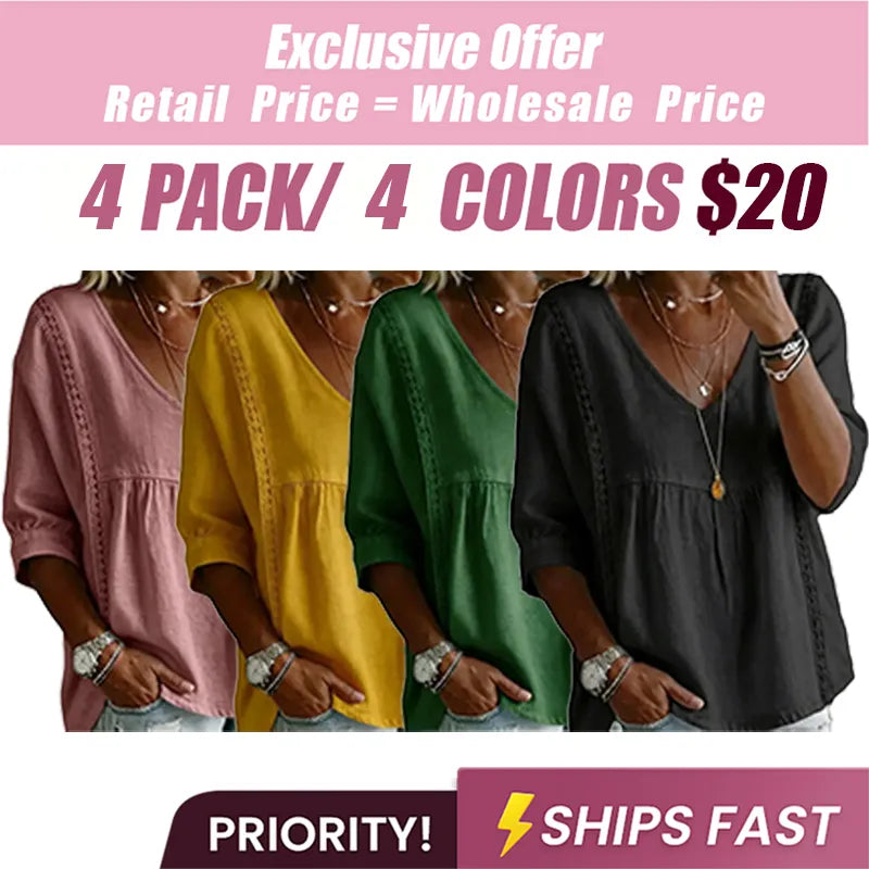 Women's Chic V-Neck Puff Sleeves Lace Blouse