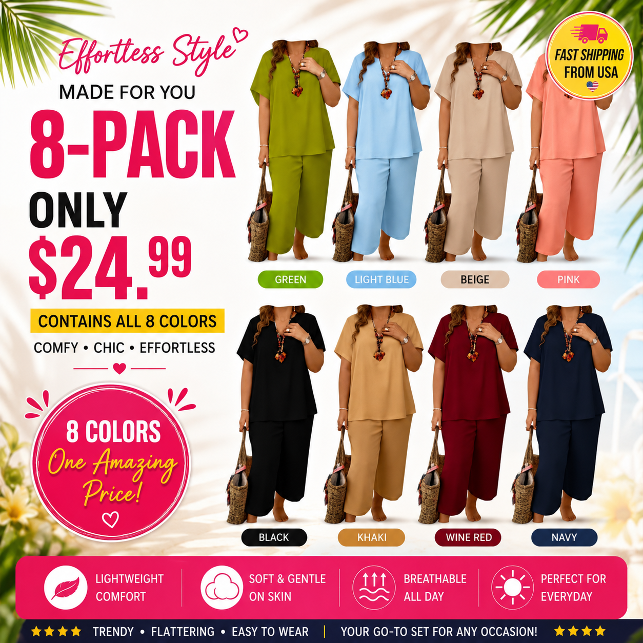 Women's Solid Short Sleeve Top & Loose Wide Leg Pants 2-Piece Set