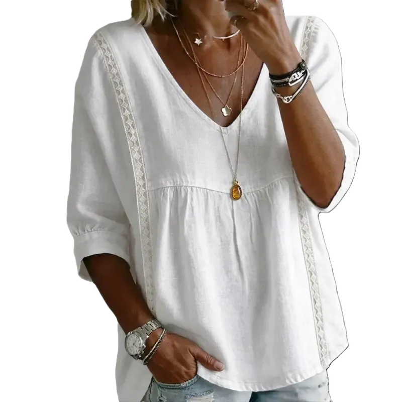 Women's Chic V-Neck Puff Sleeves Lace Blouse