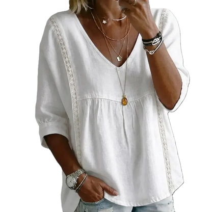 Women's Chic V-Neck Puff Sleeves Lace Blouse