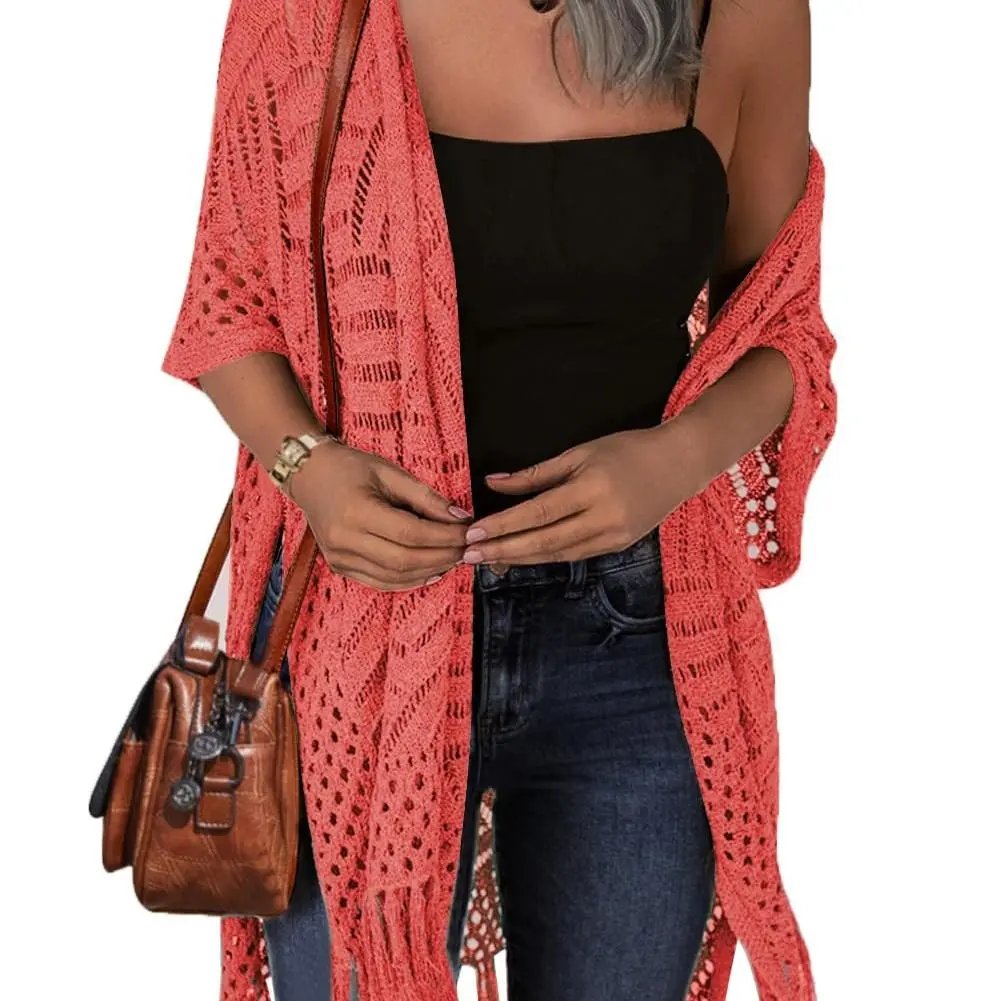 Women’s Oversized Knit Cardigan – Lightweight Crochet Tassel Kimono