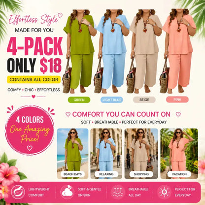 Women's Solid Short Sleeve Top & Loose Wide Leg Pants 2-Piece Set