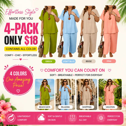 Women's Solid Short Sleeve Top & Loose Wide Leg Pants 2-Piece Set