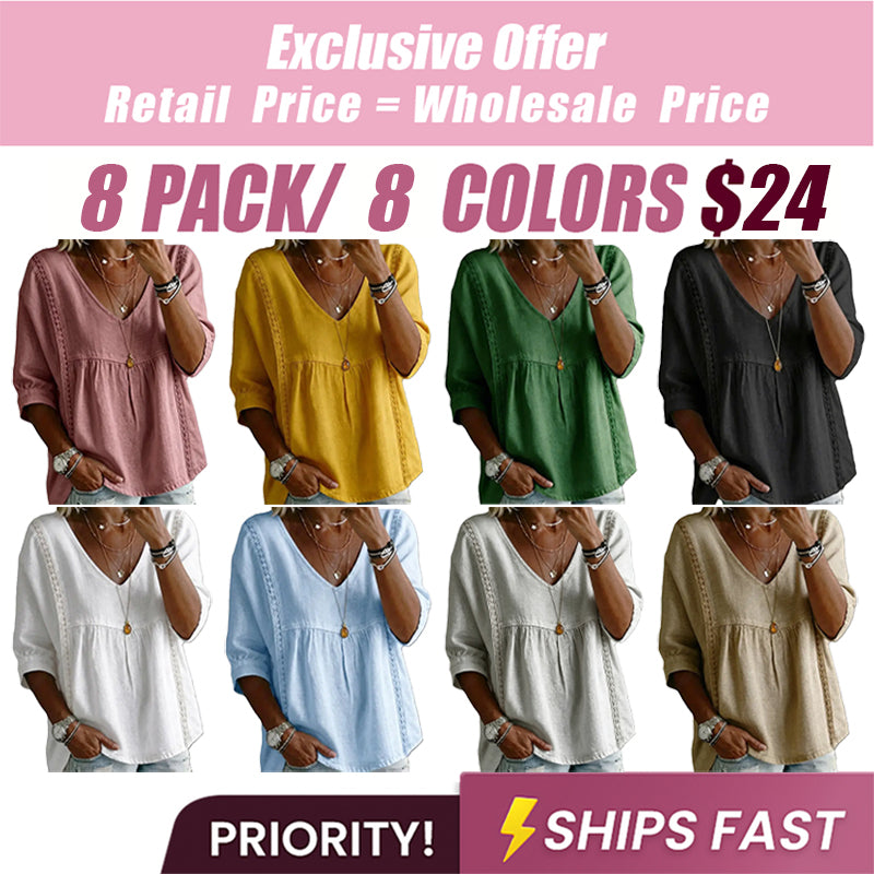 Women's Chic V-Neck Puff Sleeves Lace Blouse
