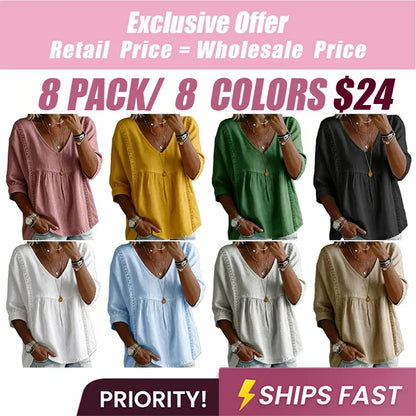 Women's Chic V-Neck Puff Sleeves Lace Blouse