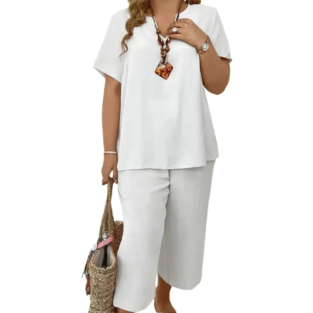 Women's Solid Short Sleeve Top & Loose Wide Leg Pants 2-Piece Set