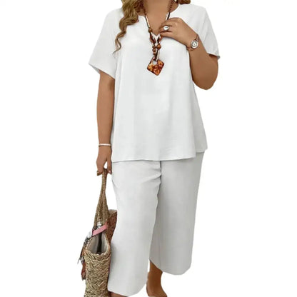 Women's Solid Short Sleeve Top & Loose Wide Leg Pants 2-Piece Set