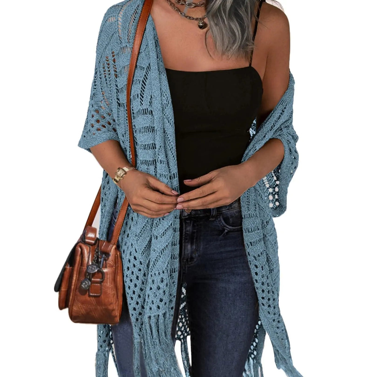 Women’s Oversized Knit Cardigan – Lightweight Crochet Tassel Kimono