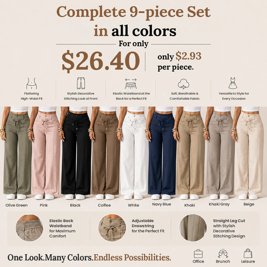 Women's high-waist straight-leg pants – front seam & elastic waistband at the back – versatile, comfortable & perfect for the office or leisure.