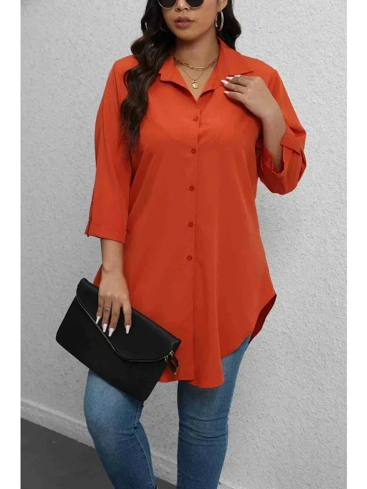 Plus Size Long Sleeve Button Up Blouse – Solid Casual Top