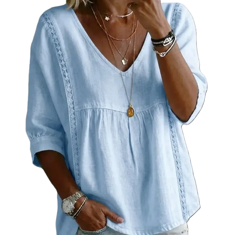 Women's Chic V-Neck Puff Sleeves Lace Blouse