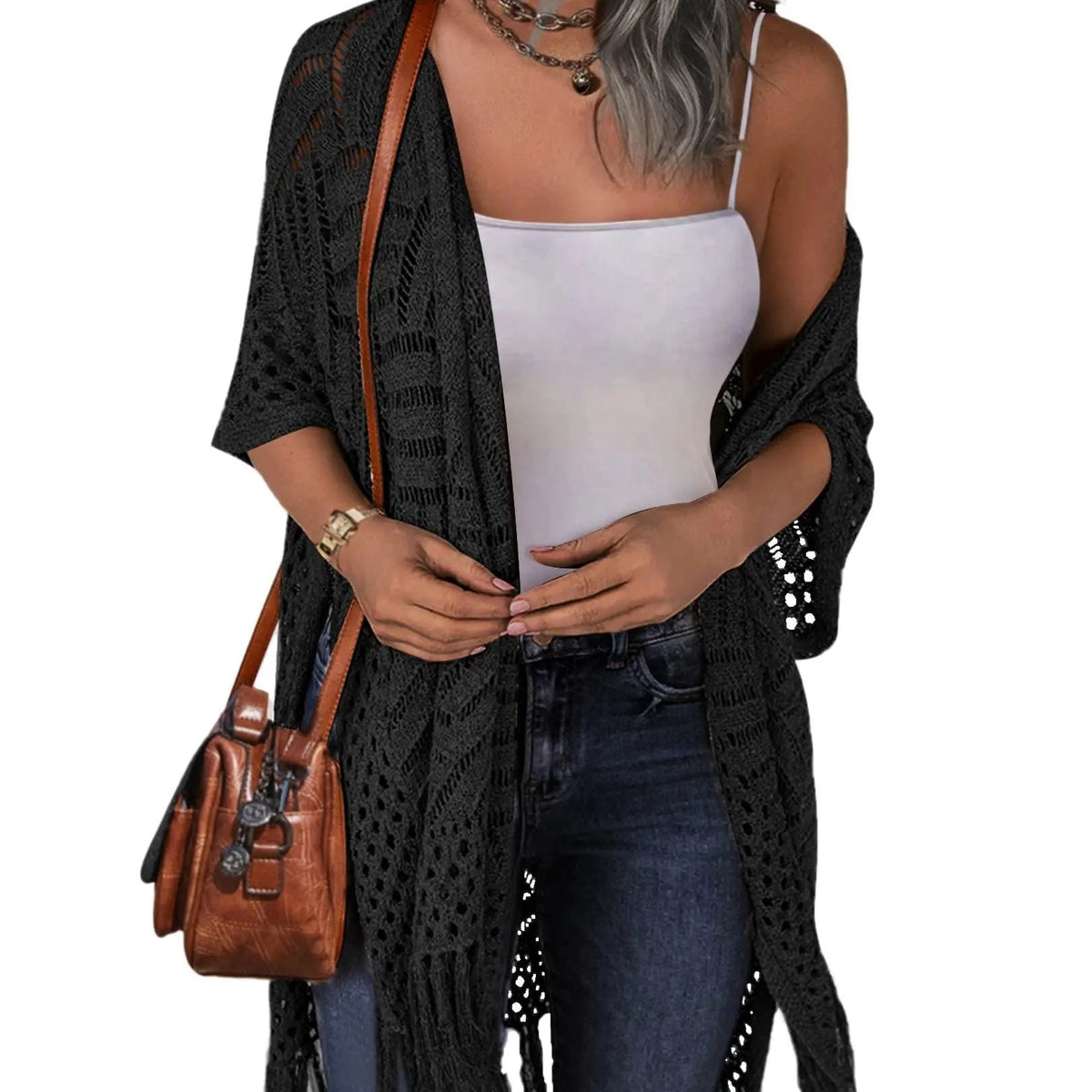 Women’s Oversized Knit Cardigan – Lightweight Crochet Tassel Kimono