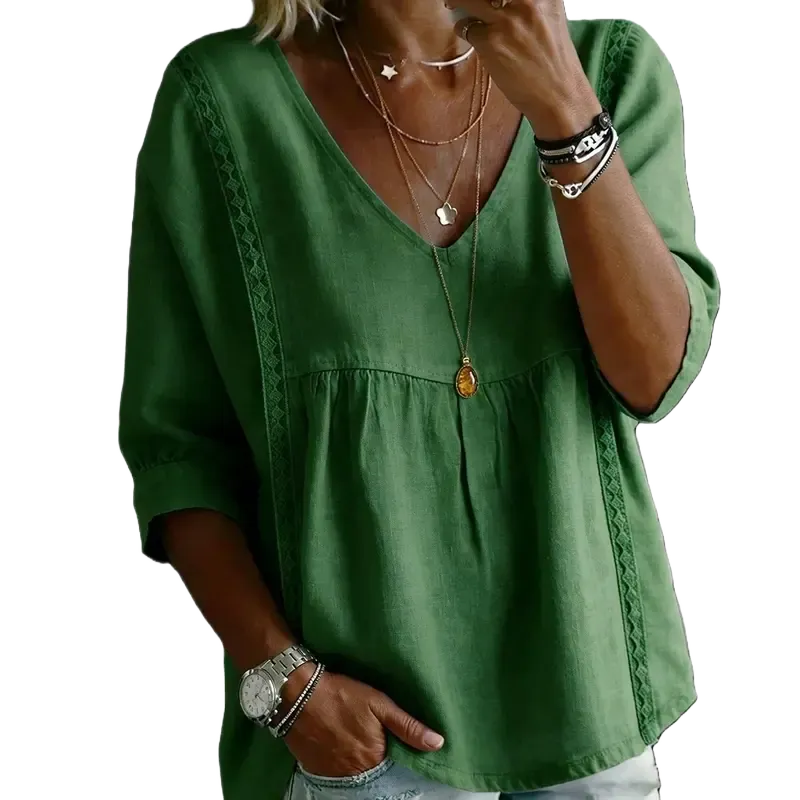 Women's Chic V-Neck Puff Sleeves Lace Blouse