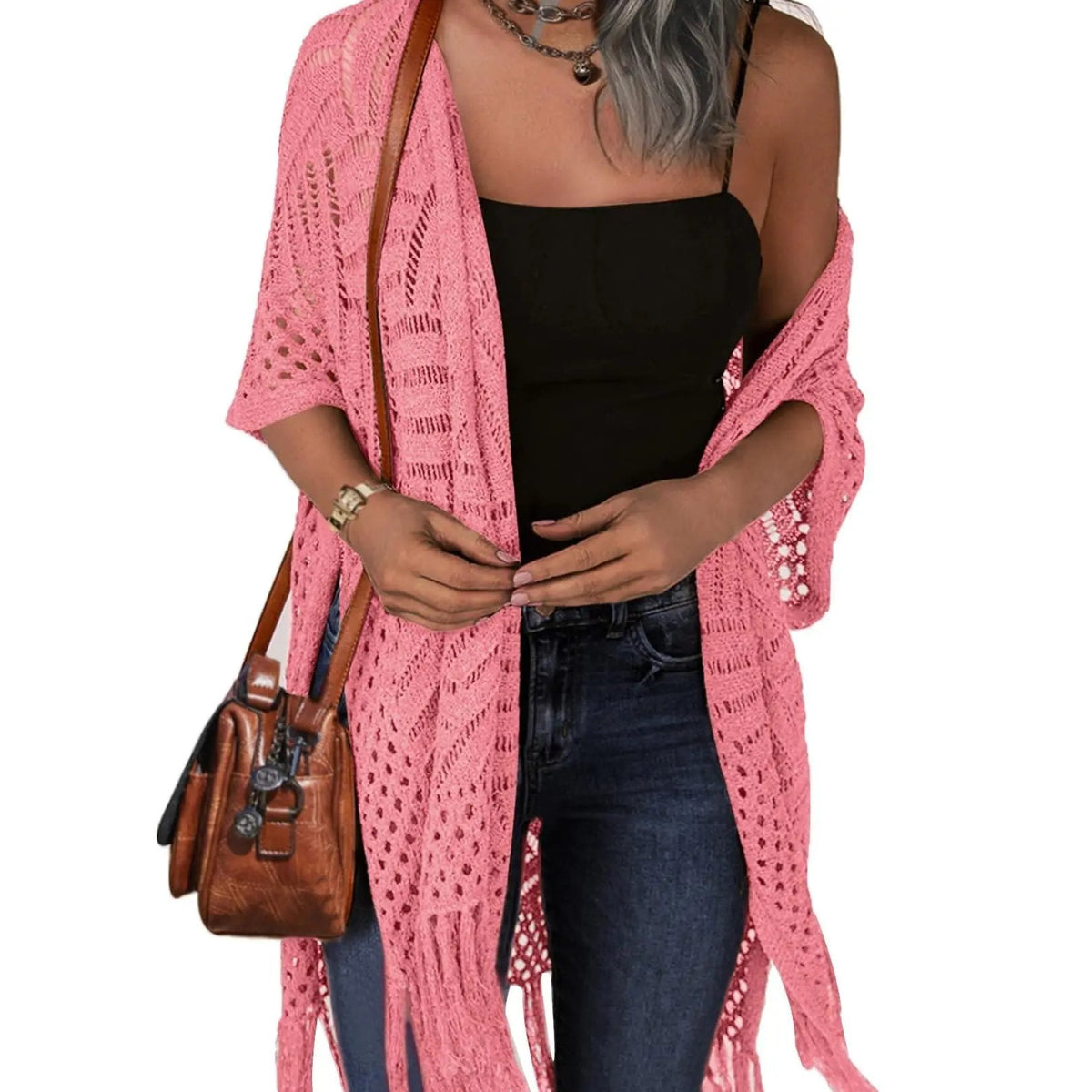 Women’s Oversized Knit Cardigan – Lightweight Crochet Tassel Kimono