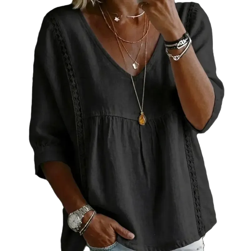 Women's Chic V-Neck Puff Sleeves Lace Blouse
