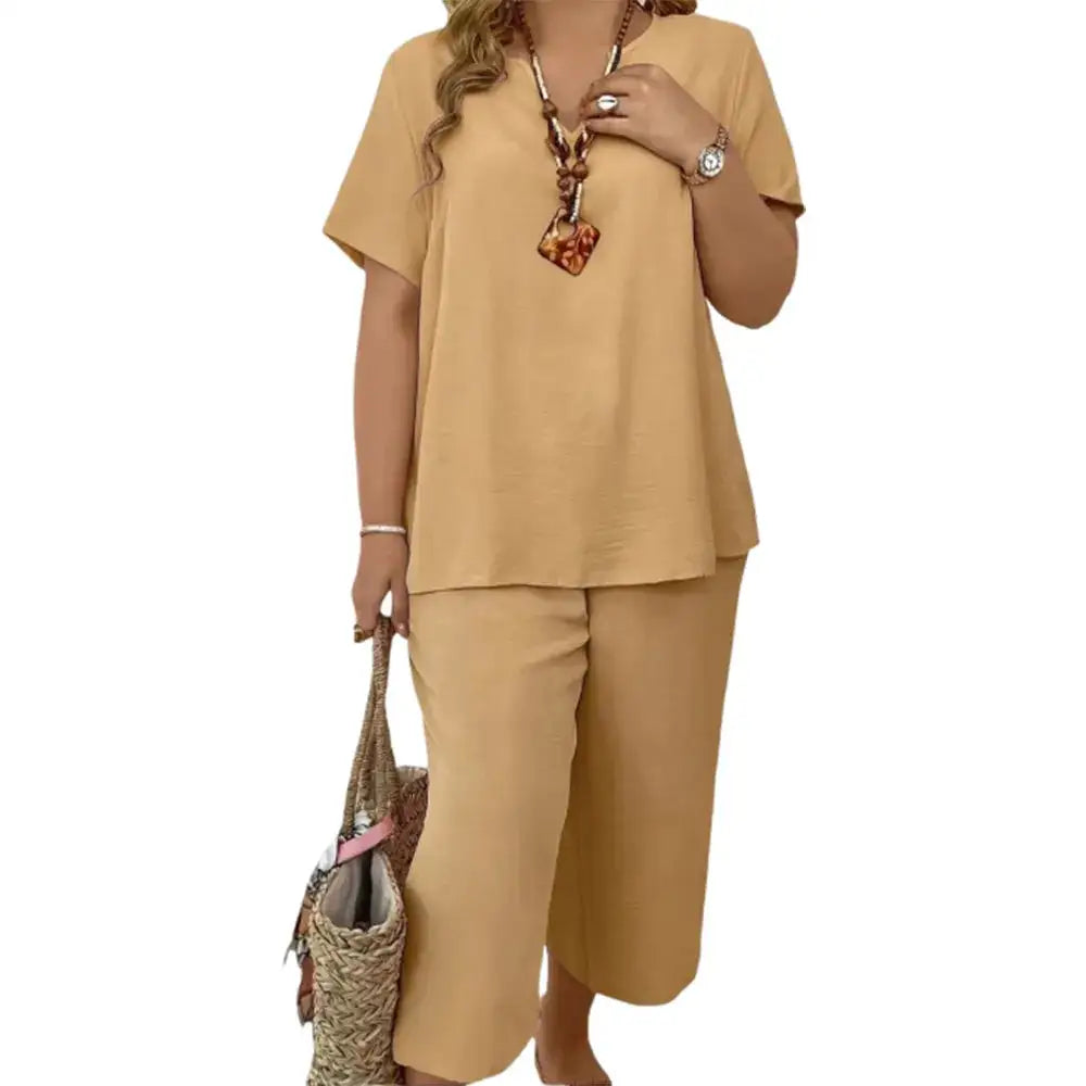 Women's Solid Short Sleeve Top & Loose Wide Leg Pants 2-Piece Set