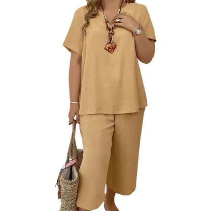 Women's Solid Short Sleeve Top & Loose Wide Leg Pants 2-Piece Set