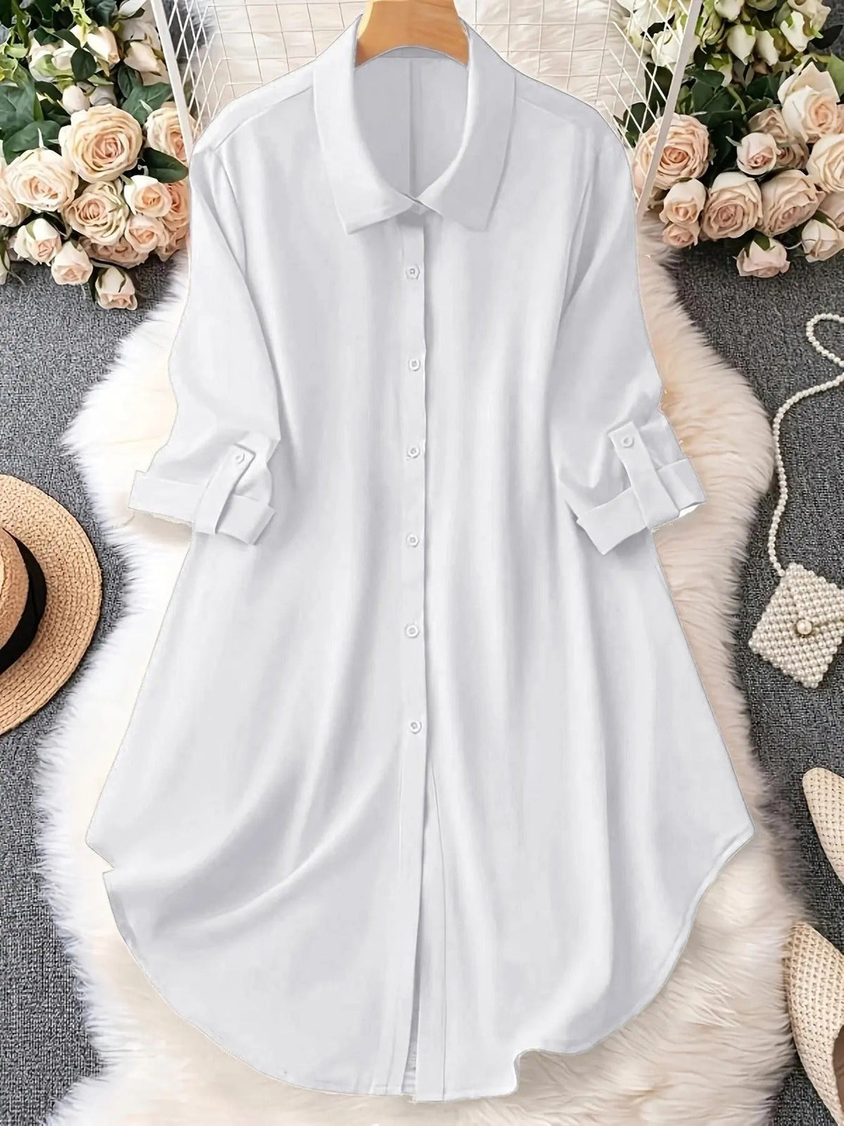 Plus Size Long Sleeve Button Up Blouse – Solid Casual Top