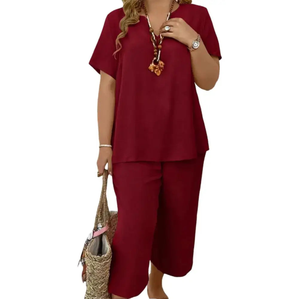 Women's Solid Short Sleeve Top & Loose Wide Leg Pants 2-Piece Set