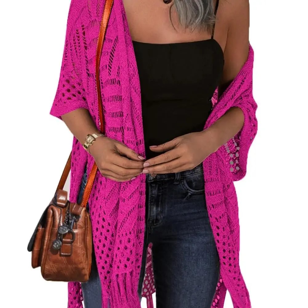 Women’s Oversized Knit Cardigan – Lightweight Crochet Tassel Kimono