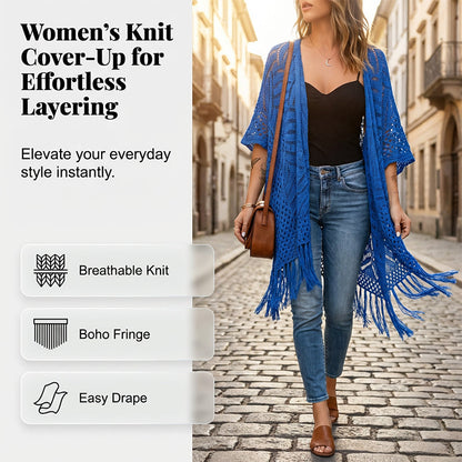 Women’s Oversized Knit Cardigan – Lightweight Crochet Tassel Kimono