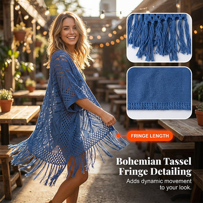 Women’s Oversized Knit Cardigan – Lightweight Crochet Tassel Kimono