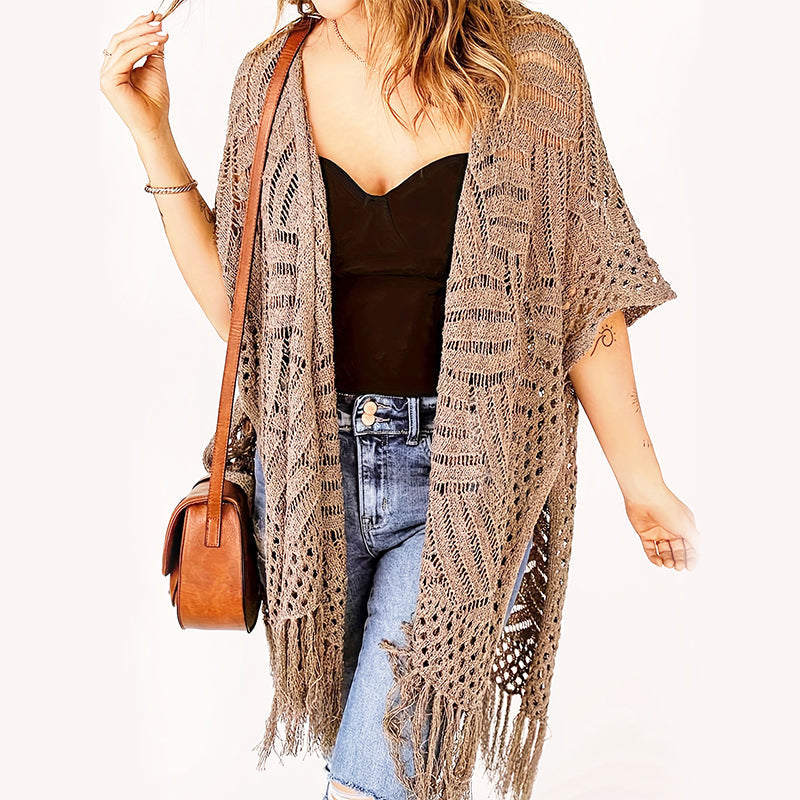 Women’s Oversized Knit Cardigan – Lightweight Crochet Tassel Kimono