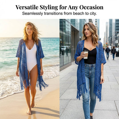 Women’s Oversized Knit Cardigan – Lightweight Crochet Tassel Kimono