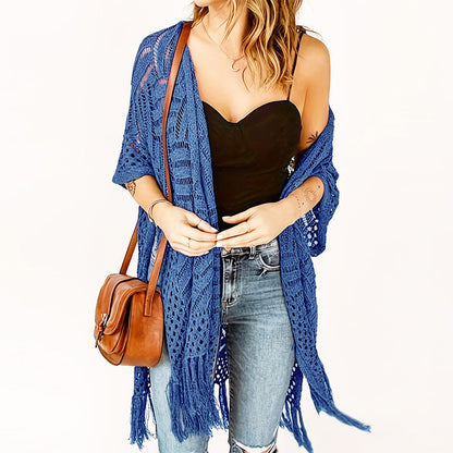 Women’s Oversized Knit Cardigan – Lightweight Crochet Tassel Kimono