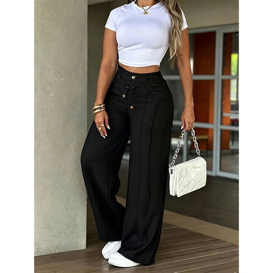 Women's high-waist straight-leg pants – front seam & elastic waistband at the back – versatile, comfortable & perfect for the office or leisure.